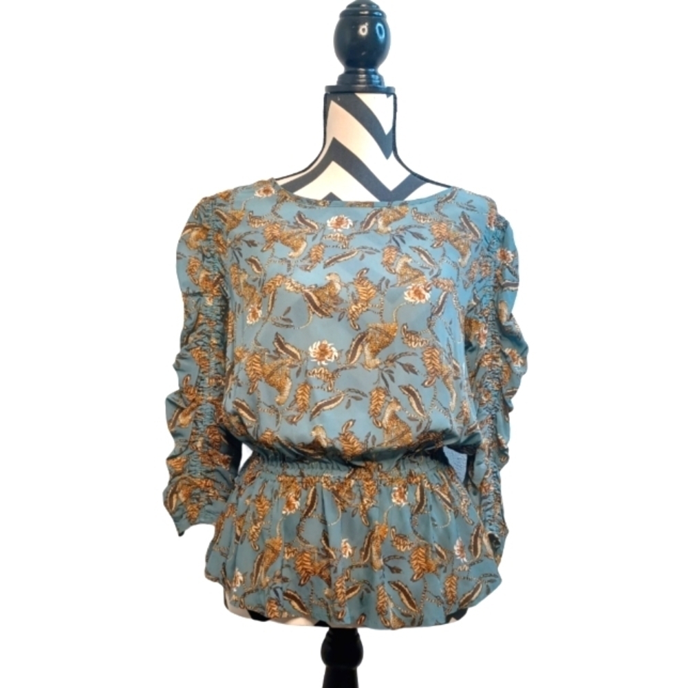 Anthropologie Caballero Leopard Cheetah Print Peplum Ruched Top Blouse